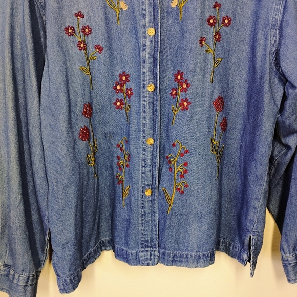 Vtg Maggie & Max Denim Floral Embroidered Top Womens Large Folk Camp Grandmacore - Picture 2 of 10